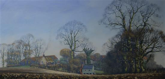 Donald Ayres (b.1936), oil on canvas, Landscape with a village, signed, 122 x 51cm